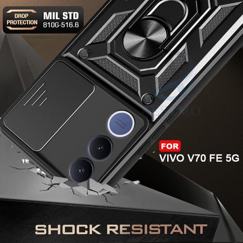 Image of AESTMO Tough Armor VIvo V70 FE 5G Bumper Back Case Cover | Ring Holder & Sliding Camera Shield Cover | 360 Degree Protection Back Case Cover for VIvo V70 FE 5G (Black)