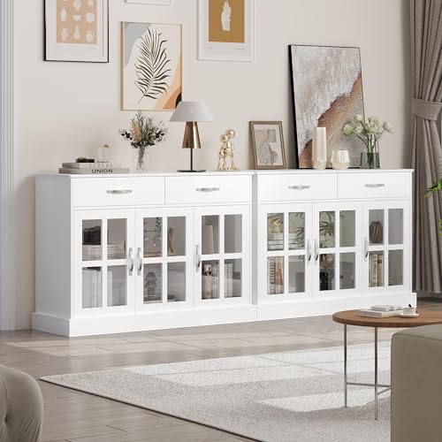 FirFurd 120cm White Sideboard, Living Room Cabinets, Kitchen Sideboard, Display Cabinet with 3 Glass Doors 2 Drawers and Adjustable Shelves Wooden 120x40x84cm - Image 9