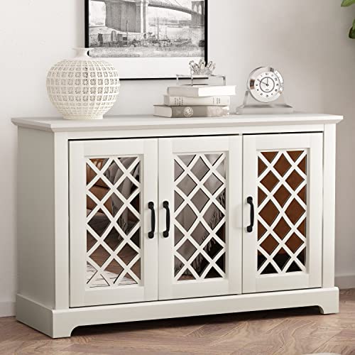 Galano Millicent 3 Door Accent Cabinet With Storage - Modern Distressed Oak Finish - Entryway - Foyer Or Living Room - Easy Assembly - Acrylic Mirror Doors - Ivory #TOP2