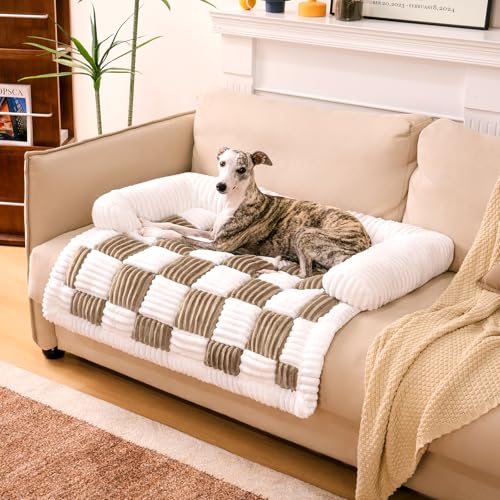 FUNNY FUZZY Couch Cover for Sofa and Pet, Plush Dog Mat for Furniture Protector Cream Square Plaid Cozy Dog Bed Mat, Latte Brown, Large