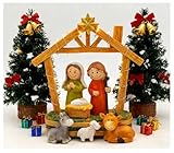 MeritMode Resin Nativity Scene Figurine – Cute Holy Family with Baby Jesus, Mary, Joseph, Stable and Animals – Christmas Tabletop Decoration, Christian Home Decor – 5.94”