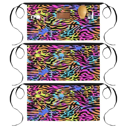 Lot de 3 tabliers courts de chef multicolores avec 3 poches pour cuisine et bistrot