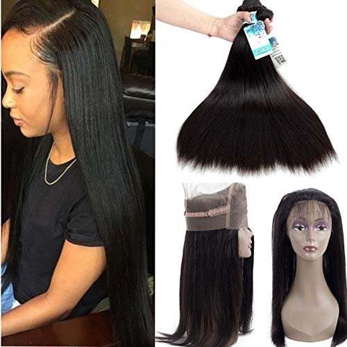 Sweeite Hair 360 Lace Frontal with Bundles 20 22 24 with 18 Peruvian Straight Virgin Hair With Closure Straight Human Hair with 360 Lace Frontal Closure Natural Color