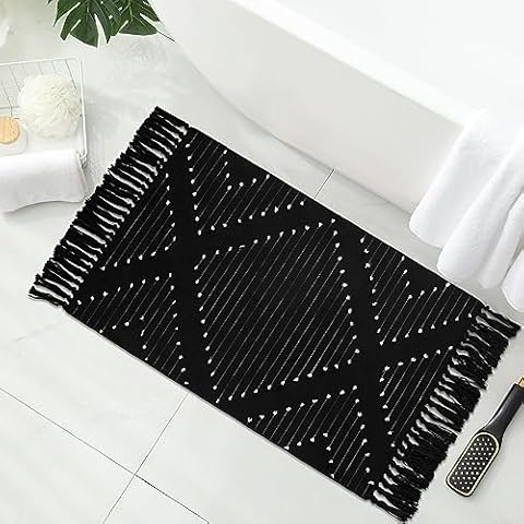 MitoVilla Black Boho Bathroom Rug 2'x3', Black White Small Kitchen Rug with Tassel, Farmhouse Geometric Bath Mat, Bohemian Rug for Bedroom, Washable Cotton Woven Entryway Throw Rug Cover