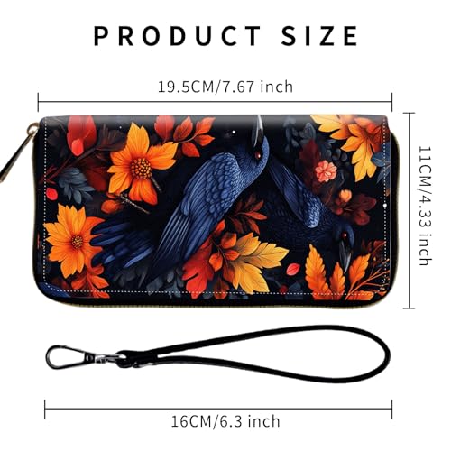 Wallet,Leather Long Wallet Suitable For Ladies And Teenagers - Detachable Wristband + RFID Travel Wallet With Card Slot - Autumn Crows and Flowers2