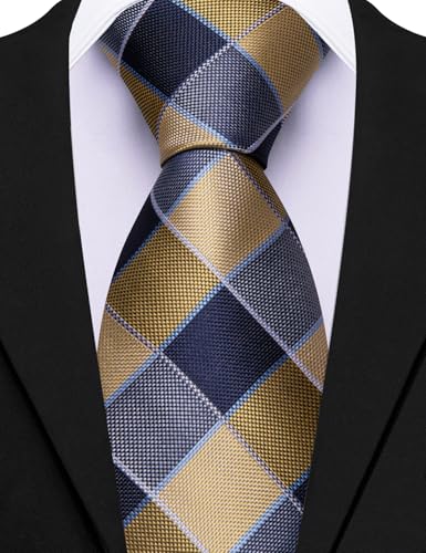 Image of Barry.Wang Plaid Ties Mens Silk Necktie and Tie Clip Checkered Tie for Wedding Party Business Formal