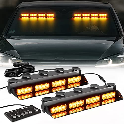 WINECO Emergency Dash Strobe Lights Safety Flashing Warning w/Digital Display Controller Interior Front/Rear Windshield Deck Split Light Bar for Construction Vehicles Trucks (2x14 inch Amber)