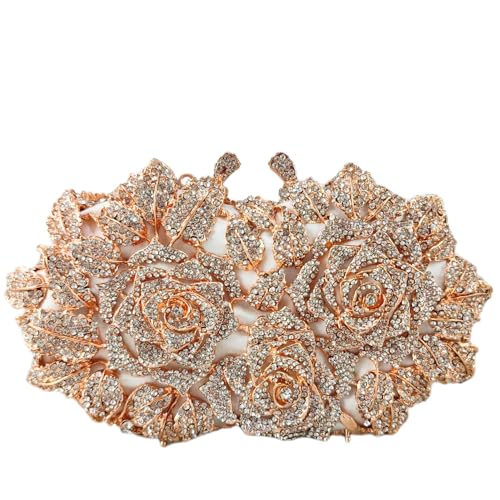 Boutique De FGG Dazzling Flower Evening Bags For Women Formal Party Rhinestone Handbags Wedding Crystal Clutch Purse,Rosegold,Mini