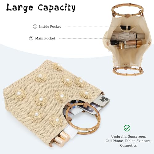 Bolso Tote de Paja con Perlas para Mujer Verano Playa miniatura 6