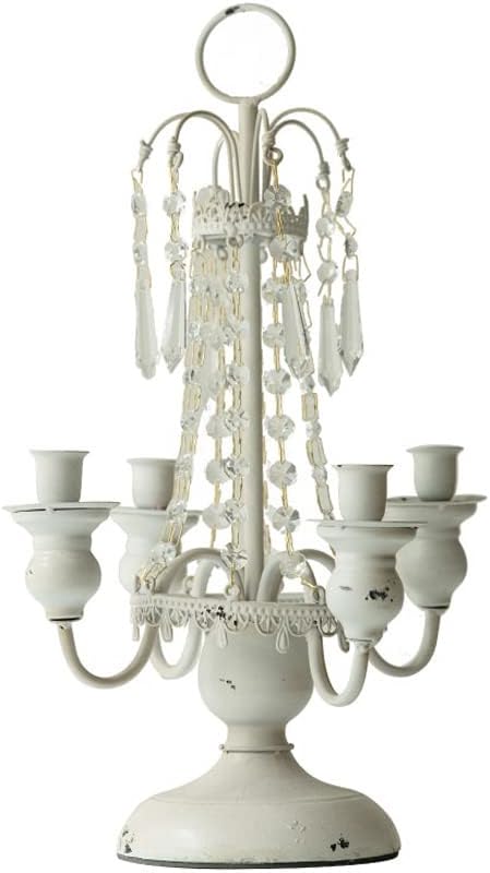 4 Arms Metal Candle Holders with Handle,Distressed Finish,Crystal Candelabra Candlestick for Birthdays, Weddings, Table Decoration, Event Decoration, and Centerpieces,Vintage Style (White)