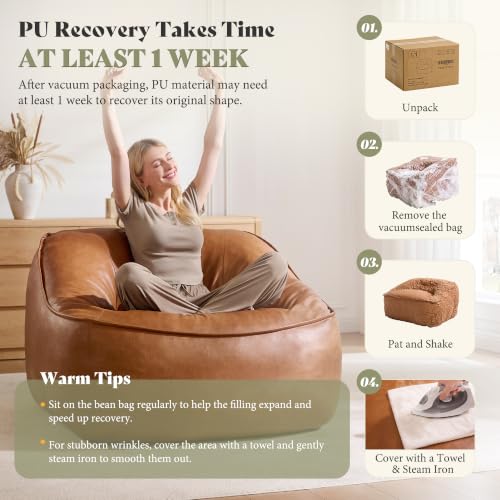 Image of AMERLIFE Oversized Bean Bag Chair for Adults, PU Boneless Chair, Brown