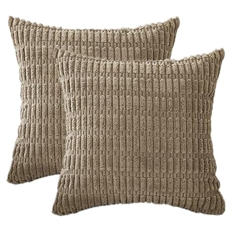 MIRLEWAIY 2 Packs 18x18 Boho Decorative Throw Pillow Covers for Living Room Couch Bed Sofa, Fall Soft Square Striped Corduroy Cushion pad Pillowcase Rustic Farmhouse Home Decor, Khaki Cover