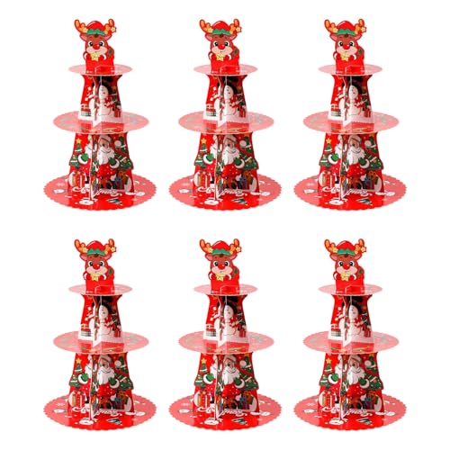 Set Of 6 Paper Cake Trays Christmas Themed Dessert Cupcake Stand 3 Tiers Foldable Snacks Rack For Family Gatherings Party Decoration Supplies
