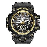 Military Style Digital Analog Watch, Large Face 2.2', 50m Water Resistant, Dual Time Zone, Alarm, LED Backlight, Stopwatch, PU Strap (Black Gold)
