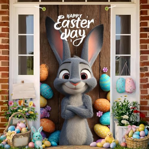 Image of Easter Door Cover Happy Easter Day Gray Bunny Door Banner Cute Easter Door Covers for Front Door Spring Easter Egg Door Decorations 35x71 Inch