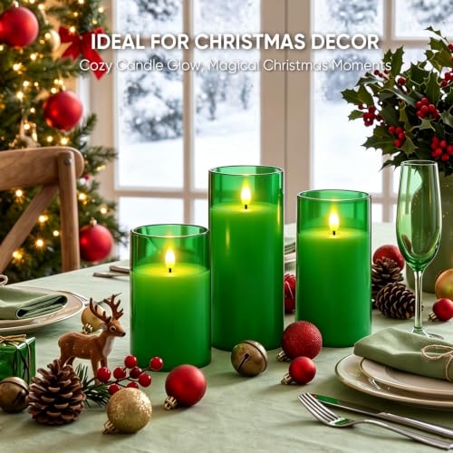 Image of Raycare Battery Operated Flameless Pillar Candles with Remote Timer, Green | LED Acrylic Candle with Festive Glow for Christmas Trees, Holiday Tables, Seasonal Parties, Family Gathering Gift, Set of 3