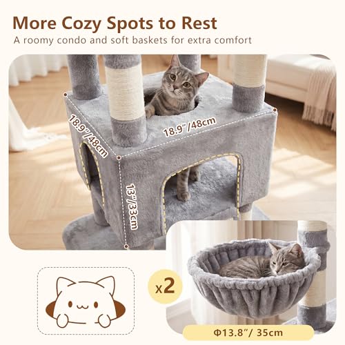 Image of Heybly Cat Tree, 82.7″ Extra Tall Cat Tower for Large Cats Adult HCT063W | Giant Cat Condo with Multi-Level Platforms, 2 Baskets, Spacious Cat Cave, Wide Sisal Scratching Board, Light Gray