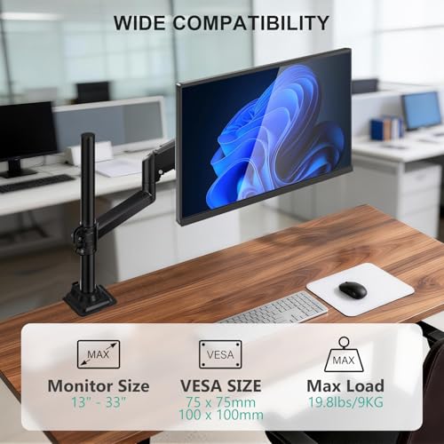 Image of WALI Single Monitor Arm 13-32 Inch, Single Monitor Mount, Vesa Desk Mount up to 19.8lbs Gas Spring Arm with Clamp, VESA 75x75mm or 100x100mm Compatibility(GSDM001), Black