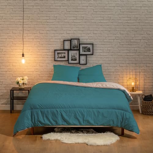 Bleu Calin Couette Chaude Réversible Bicolore 140x200 cm pour Lit 1 Personne 90x190 cm, Microfibre Ultra Douce, Fabriquée en France, Oeko-Tex, Bleu Canard...