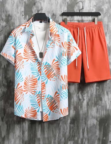 Yimoon Men's Summer 2 Piece Outfits Tropical Print Short Sleeve Button Down Hawaiian Beach Shirt and Shorts Set(Orange-L)