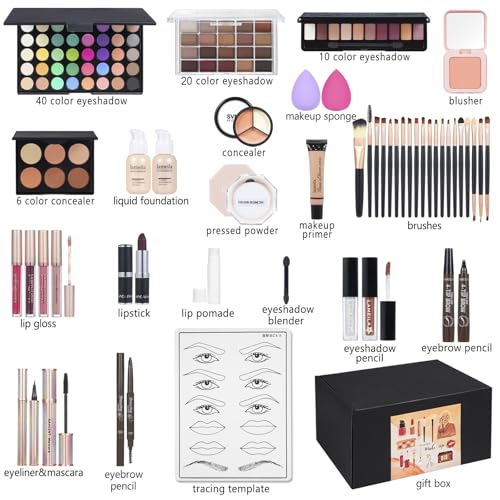 Tooaemis All In One Makeup Kit Makeup Kit For Women Full Kit Multipurpose Makeup ,Eyeshadow、 Liquid Foundation,Loose Powder,Eyebrow Pencil,4-Color Lip Gloss Set thumb #1