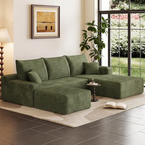Image of 95 inch Cloud Sectional Couch with Ottoman,Modern U-Shaped Cloud Couch with Deep Seat,Comfy Corduroy Sofa,Memory Foam Sofa for Living Room,No Assembly (Green,Right-Facing Chaise)