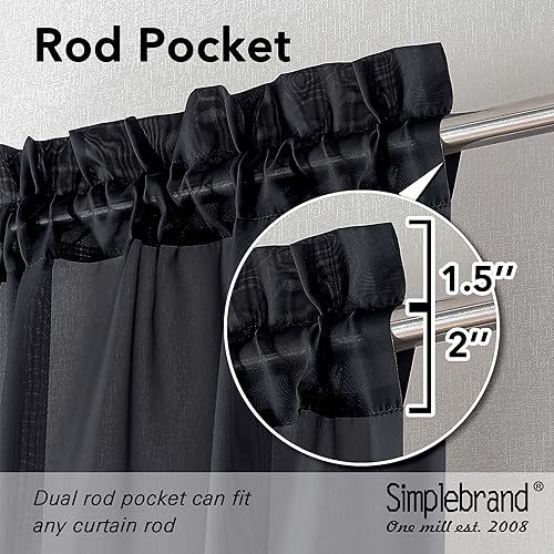 Image of Simplebrand Rod Pocket Top Solid Voile Sheer Curtains for Bedroom, 54 Inch Length Drapes Set of 2, Lightweight and Light Filtering Elegant Black Curtains Panels Window Treatment, 42Wx54L, Black