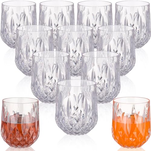 Suclain 12 Pcs 12oz Plastic Clear Ribbed Glasses, Stemless Wine Glasses Set