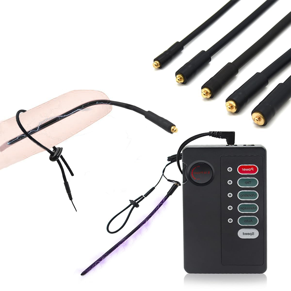 Kit d'électrostimulation sexuelle pour homme - Sondes urétrales électriques avec anneaux péniens - Dilatateurs urétraux - Longueur : 250 mm - Diamètre : 4/5/6/7/8 mm