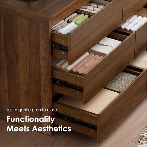 Image of Oransail 9 Drawer Dresser, 63 inch Wide Walnut Dresser Chest of Drawers, Curved Anti-Collision & Anti-Tipping Design, Mid Century Modern Wooden Dresser for Bedroom, Living Room, TV Stand