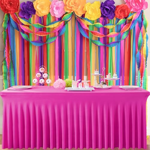 Image of 3 Pack Hot Pink Spandex Tablecloth for 6 Foot Rectangle Tables, Wrinkle Free Fitted Table Cloth Cover 6ft Fuchsia Stretchy Tablecloths with Skirt for Parties Weddings Birthday Banquet Baby Shower
