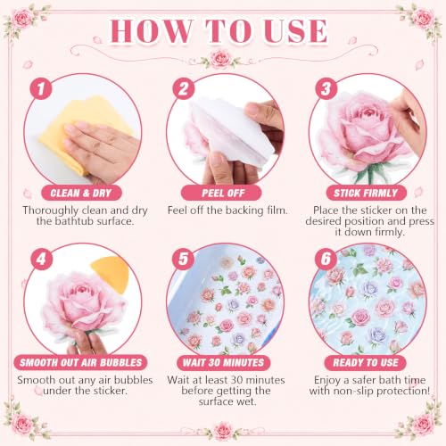 Fullhawl 30 Pcs Rose Non Slip Bathtub Stickers Colorful Rose Anti Slip Shower Stickers Shower Floor Nonslip Sticker Applique Adhesive Decals Treads with Scraper for Bathtub Bathroom Floor — view 3