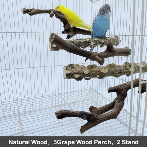 Image of 5PCS Parrot Perch Stand Natural Wooden Bird Stand Branch 3 Grape Wood Perch 2 Stand Paw Grinding Fork Parakeet Chewing Stick Exercise Training Branches for Small Birds Cockatiels