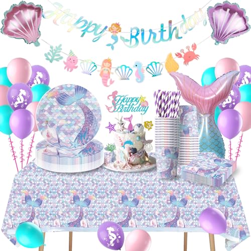 Décoration Anniversaire Sirène, Vaisselle de Fête, Ballons, Bannière pour 16 Invités