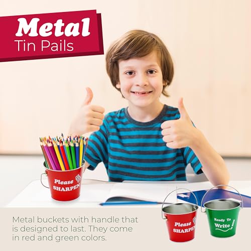 4E's Novelty Sharp and Dull Pencil Buckets - Set of 2 Metal Tin Pails, Back to School Teachers Classroom Management Organization Supplies