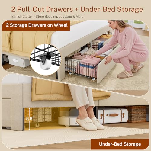 Image of TEENFON Queen Bed Frame with Headboard and 2 Drawers Storage, Bed Frame Queen Size Built in LED Lights and Charging Station, Sturdy & Noise-Free Upholstered Platform Metal Bed, Beige