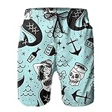 SARA NELL Men's Swim Trunks Mermaid and Skull Mint Blue Surfing Beach Board Shorts Swimwear