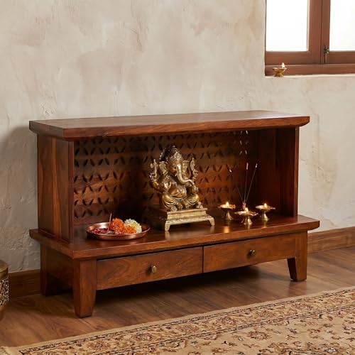 Image of Sheesham Wood Temple for Home | Pooja Mandir for Puja Room with 2 Drawer Storage & Shelf | Pooja Mandap Wood Religious Home Temple Honey Finish