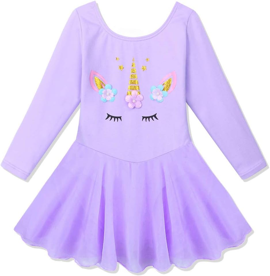 Long Sleeve Leotards for Girls Toddler Cartoon Ballet Dance Tutu Dress B219_Purple_M
