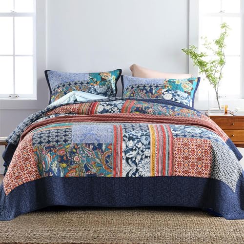 Image of Secgo King Size Comforter Set- 100% Cotton Quilt King Size Set, Navy, Bohemia bedspreads (96 * 108 Inch) with 2 Pillow Shams, Patchwork Reversible Lightweight Bedding