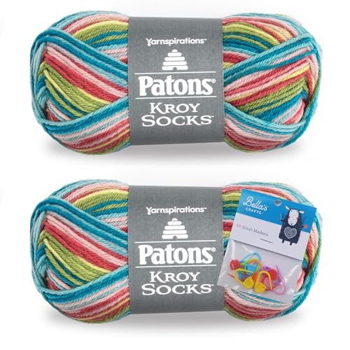 Patons Kroy Socks Yarn 2-Pack Bundle with Bella's Crafts Stitch Markers (Meadow Stripes)