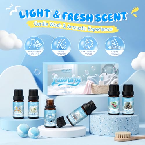 Miniatura 4 de AESHORY Set de Aceites Esenciales de Lavandería 6 x 10ML, Aceite de Fragancia de Aromaterapia Limpio Fresco para Humidificador - Abril Limpio, Floral Fabuloso, Sándalo & Vetiver, Flores & Bayas