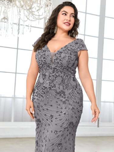 Image of Plus Size Womens Sequined Long Evening Gown Glamous Sleeveless V-Neck Mermaid Prom Dress for Wedding Party
