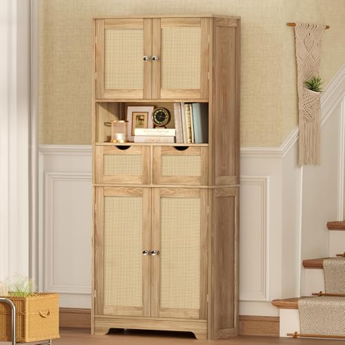 Image of TEENFON 57.8 inch H Tall Storage Cabinet with 2 Drawers & 2 Adjustable Shelves, Rattan Cabinets with 4 Doors, Cupboard, Kitchen Cabinets, Pantry Cabinet, Tall Cabinet for Living Room, Entryway, Natural