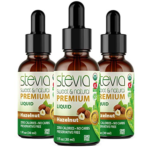 Hazelnut Premium Quality Stevia Drops. Organic Liquid Stevia, Sugar Substitute, Naturally Sweet, Non-Bitter, 0 Calorie, 0 Carb, NON-GMO, Diabetic & Keto Friendly (1oz) Glass Bottles (Pack of 3)