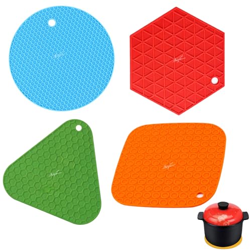 Image of Signamio Silicone Mat for Kitchen - Pack of 4, Heat Resistant Coasters for Dining Table for Hot Pots, Heat Mats - Includes Round, Triangle, Square, Hexagon Shapes for Versatile Use