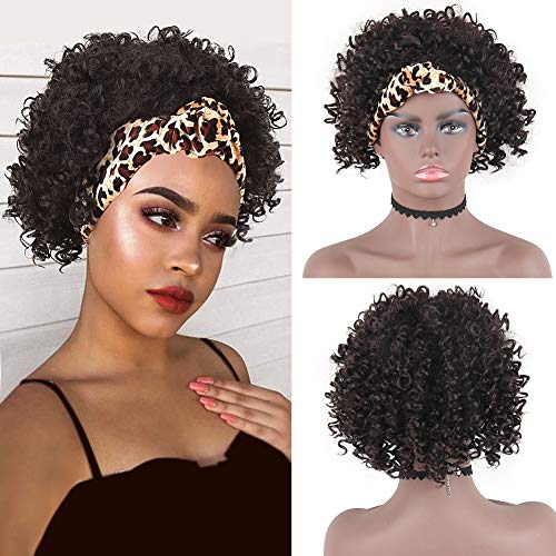 AISAIDE Kinky Curly Wig for Black Women,Afro Wig Jerry Curl Wig Brown Leopard Headband Wig Short Afro Kinky Curly Wig Head Wrap Wig 2 in 1 Natural Black Synthetic Wig with Headband Attached (2#)