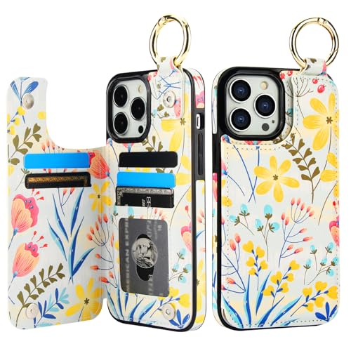 Image of HAOPINSH for iPhone 13 Pro Max Wallet Case with Card Holder, Floral Flower Print Back Flip Folio PU Leather Kickstand Card Slots Case, Finger Grip Ring Double Magnetic Clasp Shockproof 6.7 inch