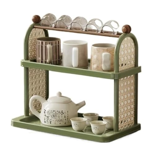 Matcha Station 2-Tier Organizer Storage Shelf, Multifunctional Countertop Coffee Bar,Kitchen, Office,Mug Holder, Tabletop Display Rack for Cups, Teapots, Cosmetics tea,Plastic(green)