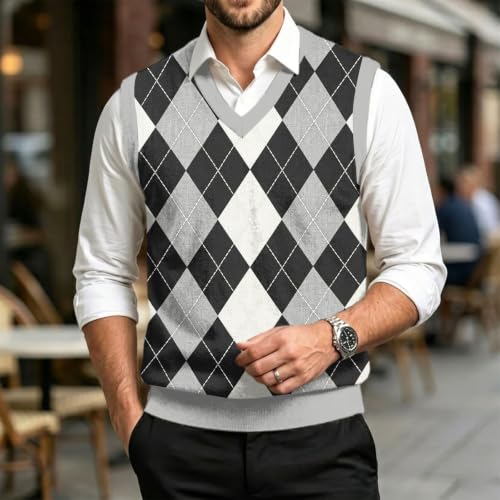 Christmas Sweater Vest Men V Neck Plaid Knit Lightweight Pullover Sweater - image 3